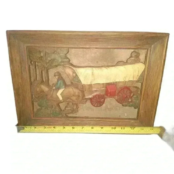 Vintage 3D Faux Wood Carved Syroco Inc Horse Buggy Wall Hanging Retro Décor - Picture 5 of 6